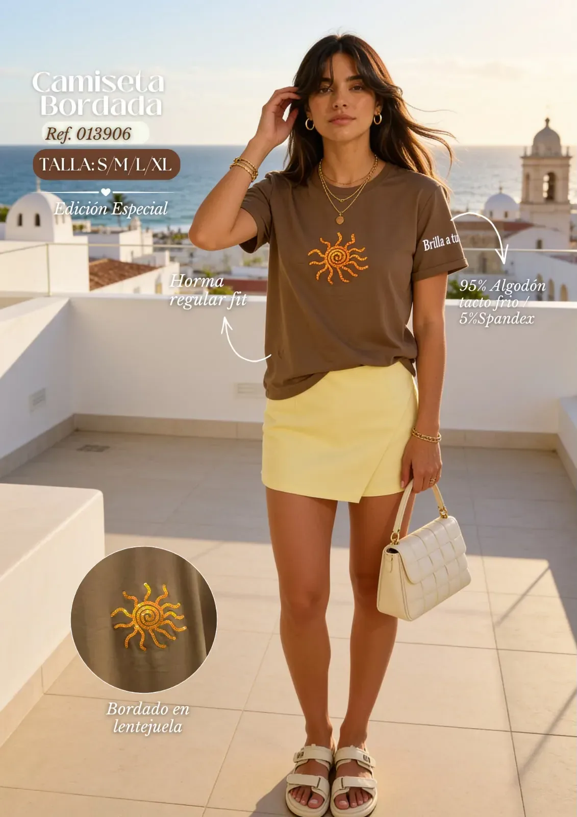 Camiseta Café Chocolate con Sol Bordado en Lentejuelas Doradas