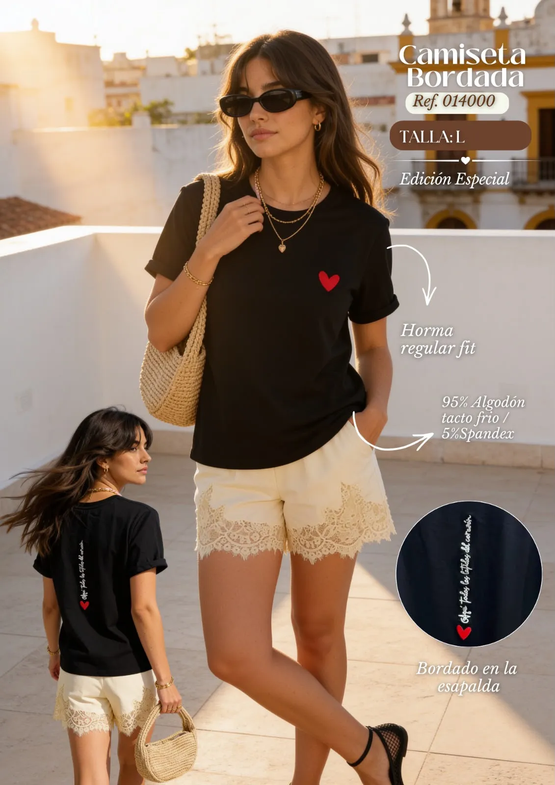 Camiseta negra corazón bordadas